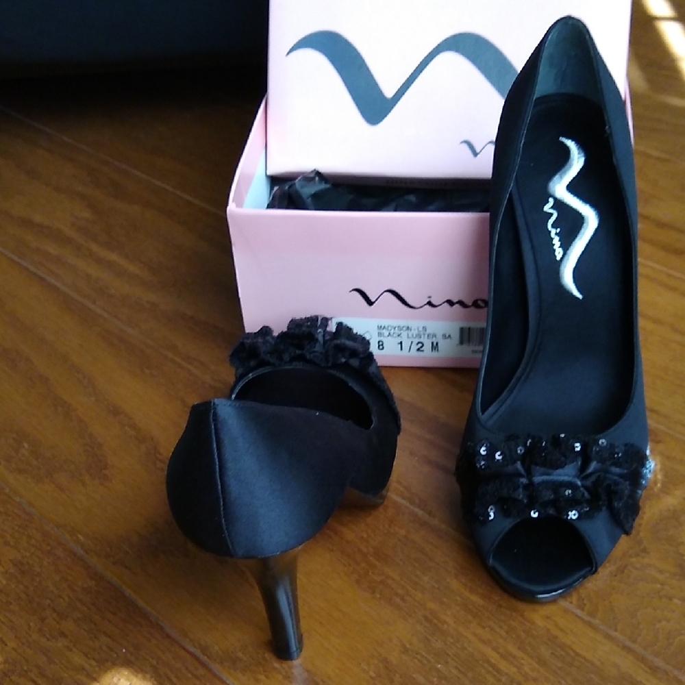 Nina Black Satin Peep-Toe Heels with Sequin Flower Detail Size 8 1/2